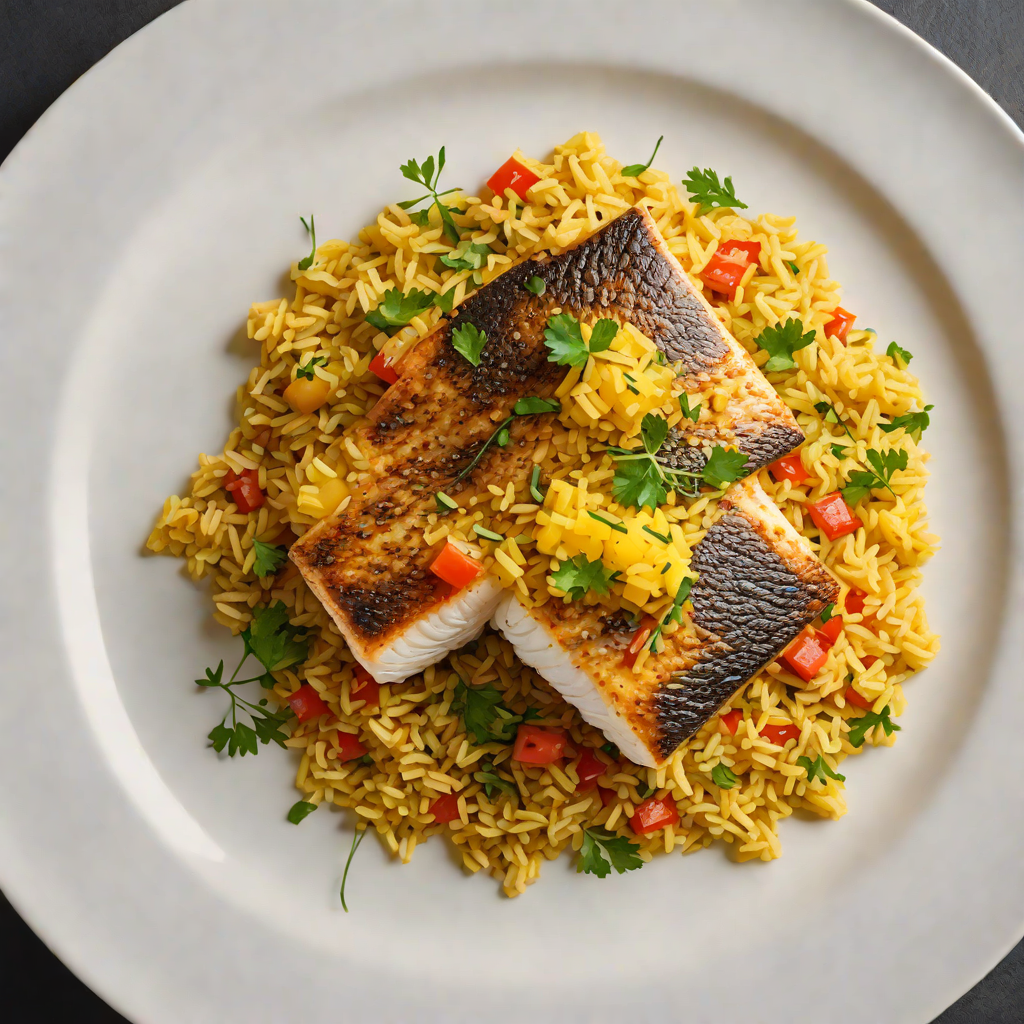 Pan-Seared Sea Bass with Saffron-Infused Spanish Rice