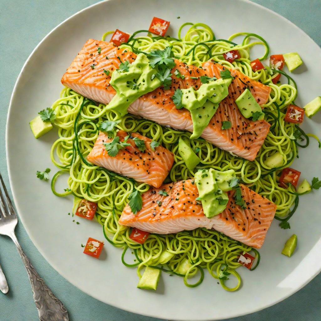 Sautéed Salmon with Avocado-Cilantro Sauce and Zucchini Noodles