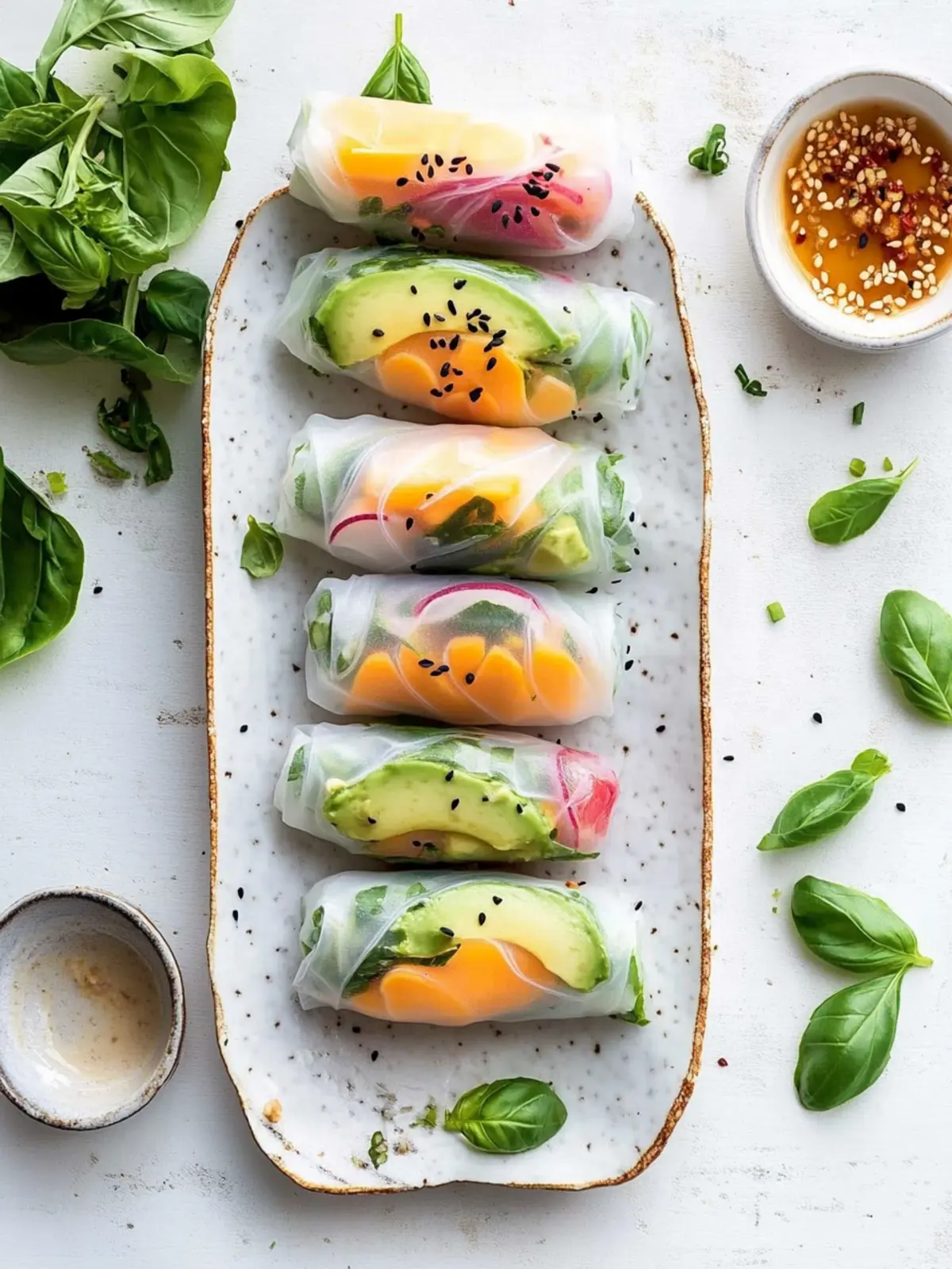 Peach, Herb, and Avocado Summer Rolls with Coconut-Basil Dipping Sauce