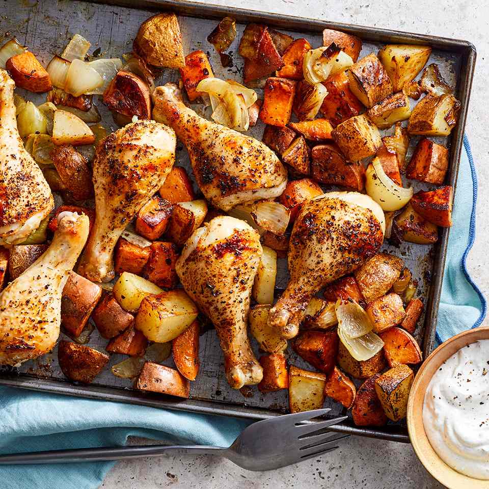 Oven-Roasted Herb Chicken Drumsticks with Sweet Potato Wedges