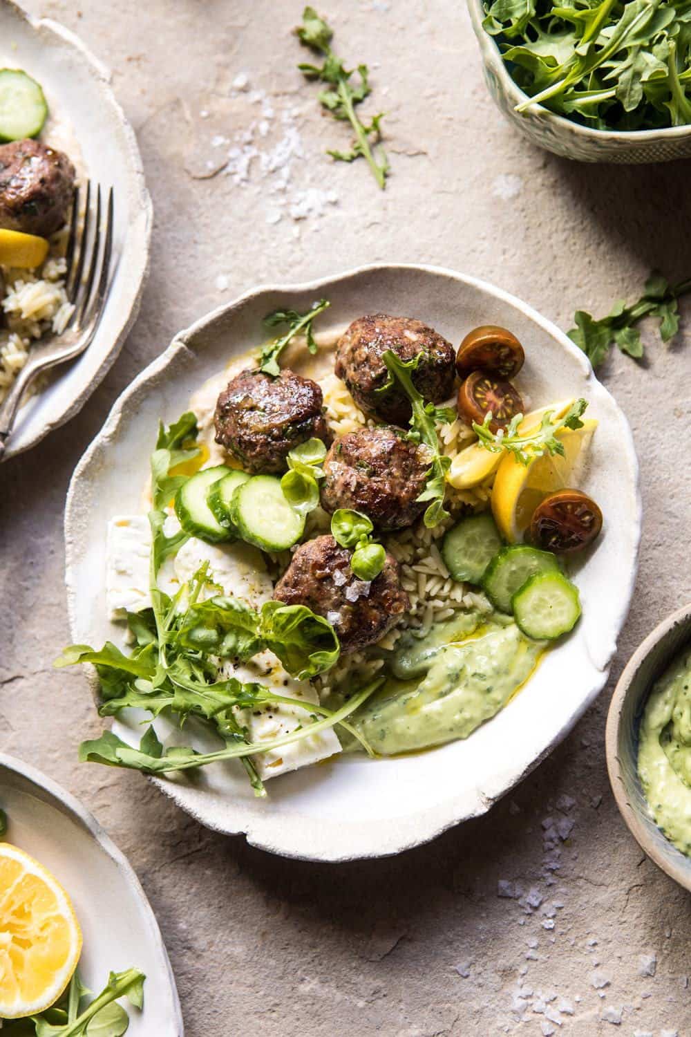 Oven-Baked Greek Lamb Meatballs with Avocado Goddess Sauce