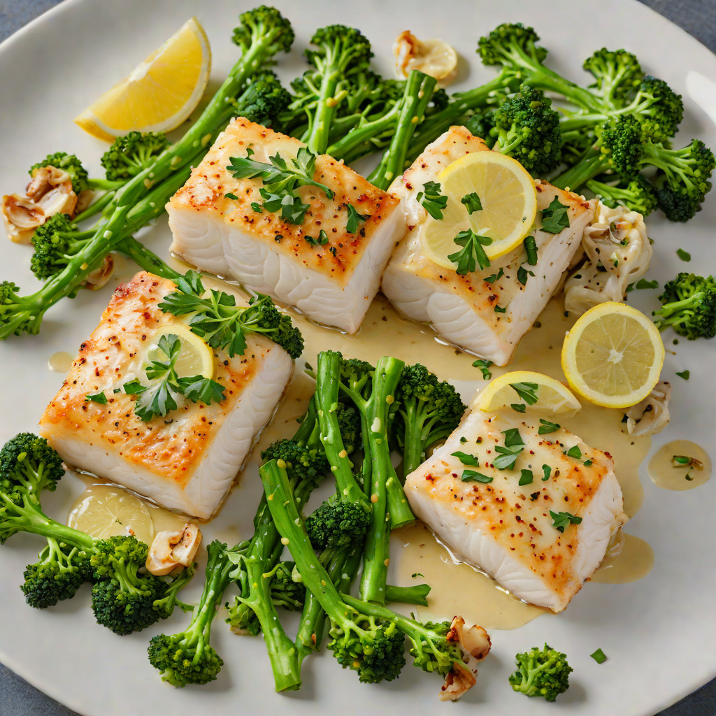Baked Cod with Lemon-Caper Sauce and Garlic Roasted Broccolini