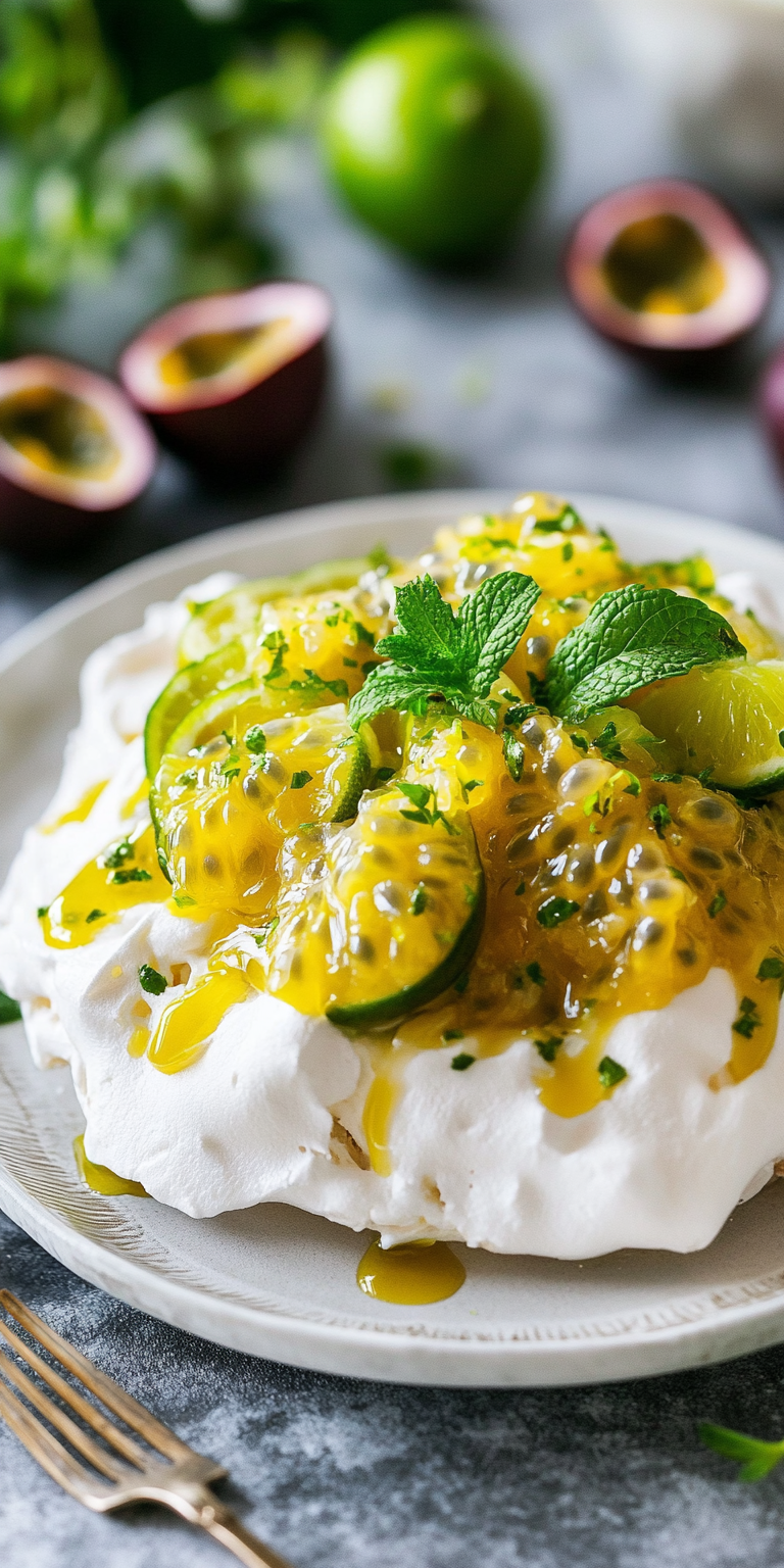 Desert Lime and Macadamia Pavlova with Passionfruit Cream