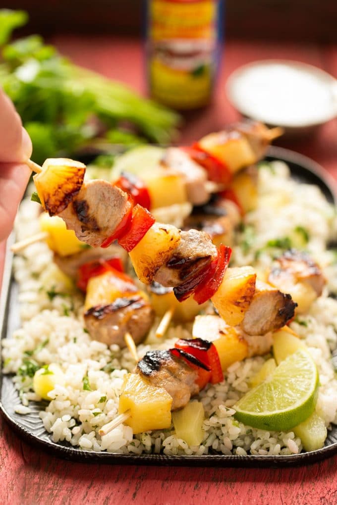 Grilled Pineapple and Rum-Glazed Pork Skewers with Cilantro-Lime Rice