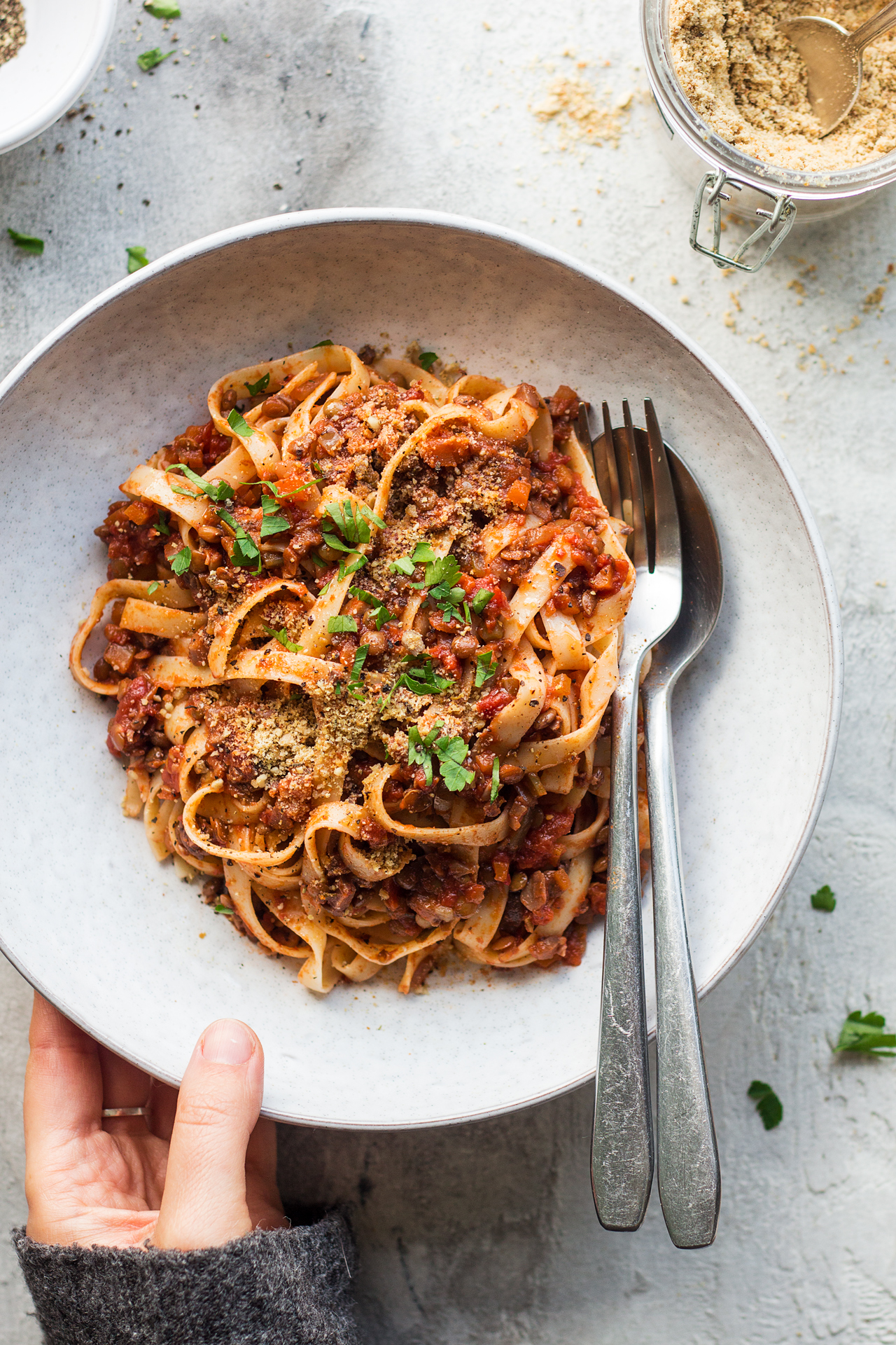 Hidden Mushroom and Lentil Bolognese with Spaghetti