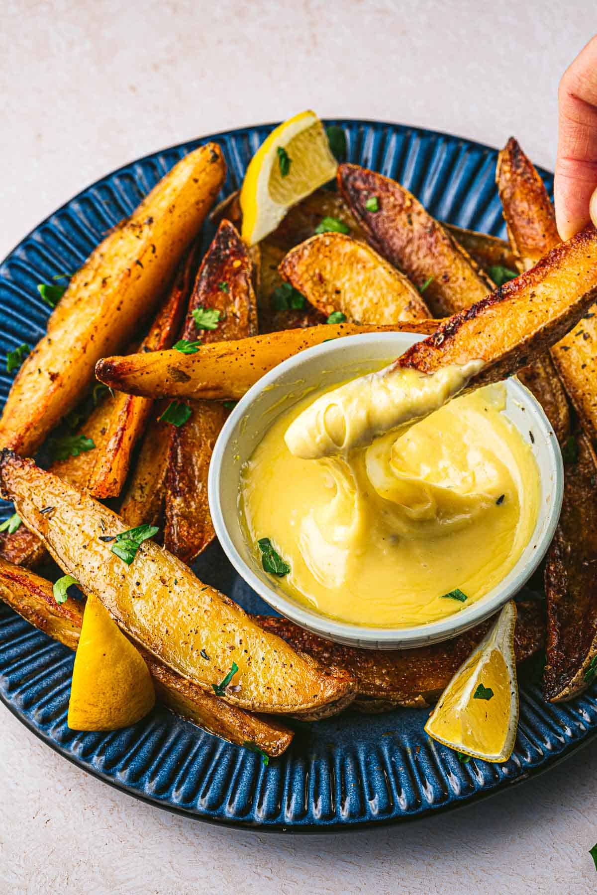 Marinated Garlic Parmesan Sidewinder Fries with Honey Barbecue Aioli