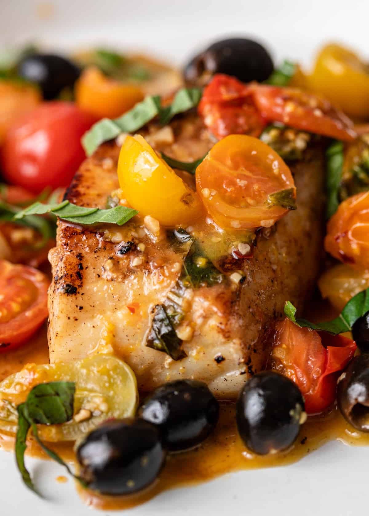 Pan-Seared Cod with Mediterranean Olive and Tomato Ragout