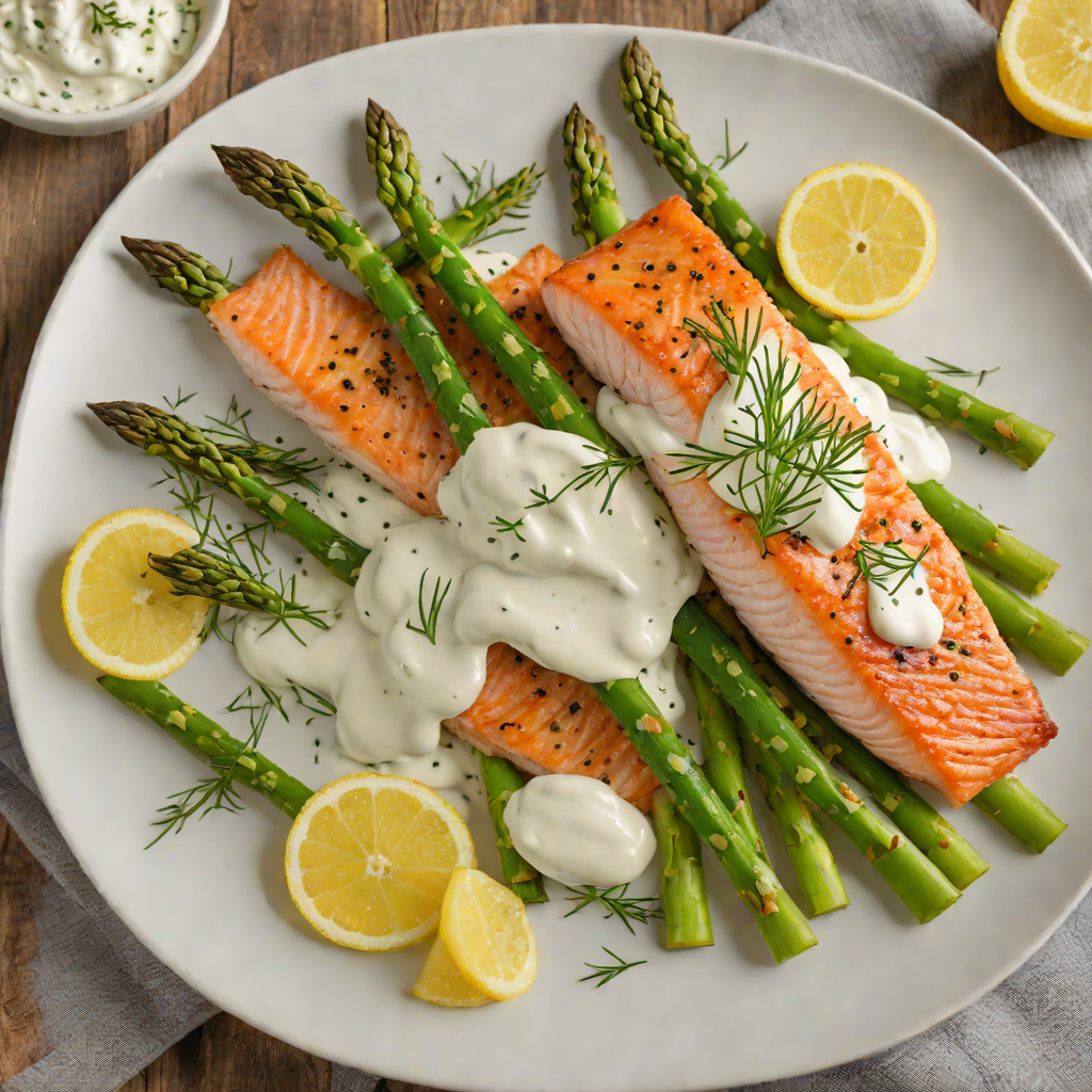 Pan-Fried Salmon with Lemon-Dill Yogurt Sauce and Asparagus