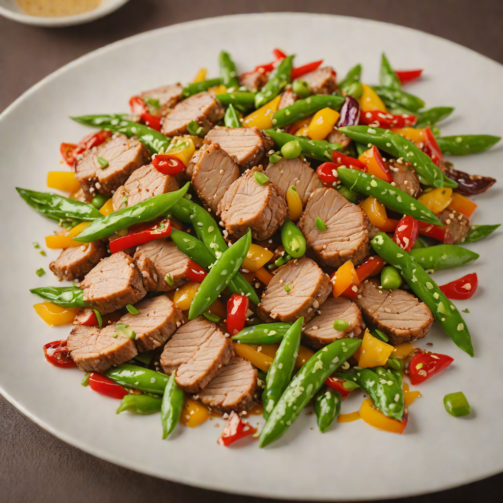 Stir-Fried Pork Tenderloin with Ginger, Bell Peppers, and Snow Peas