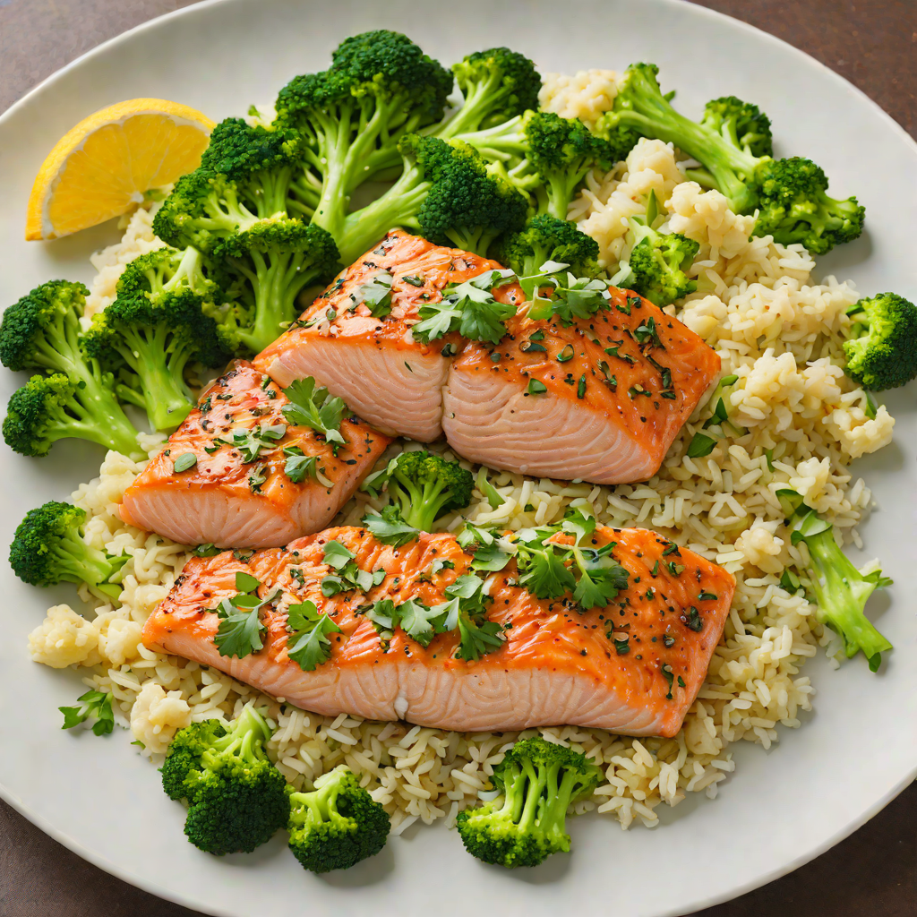 Sautéed Garlic-Ginger Salmon with Steamed Broccoli and Cauliflower Rice