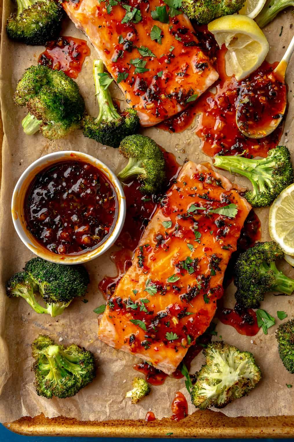 Sheet Pan Harissa-Spiced Salmon with Roasted Chickpeas and Broccoli
