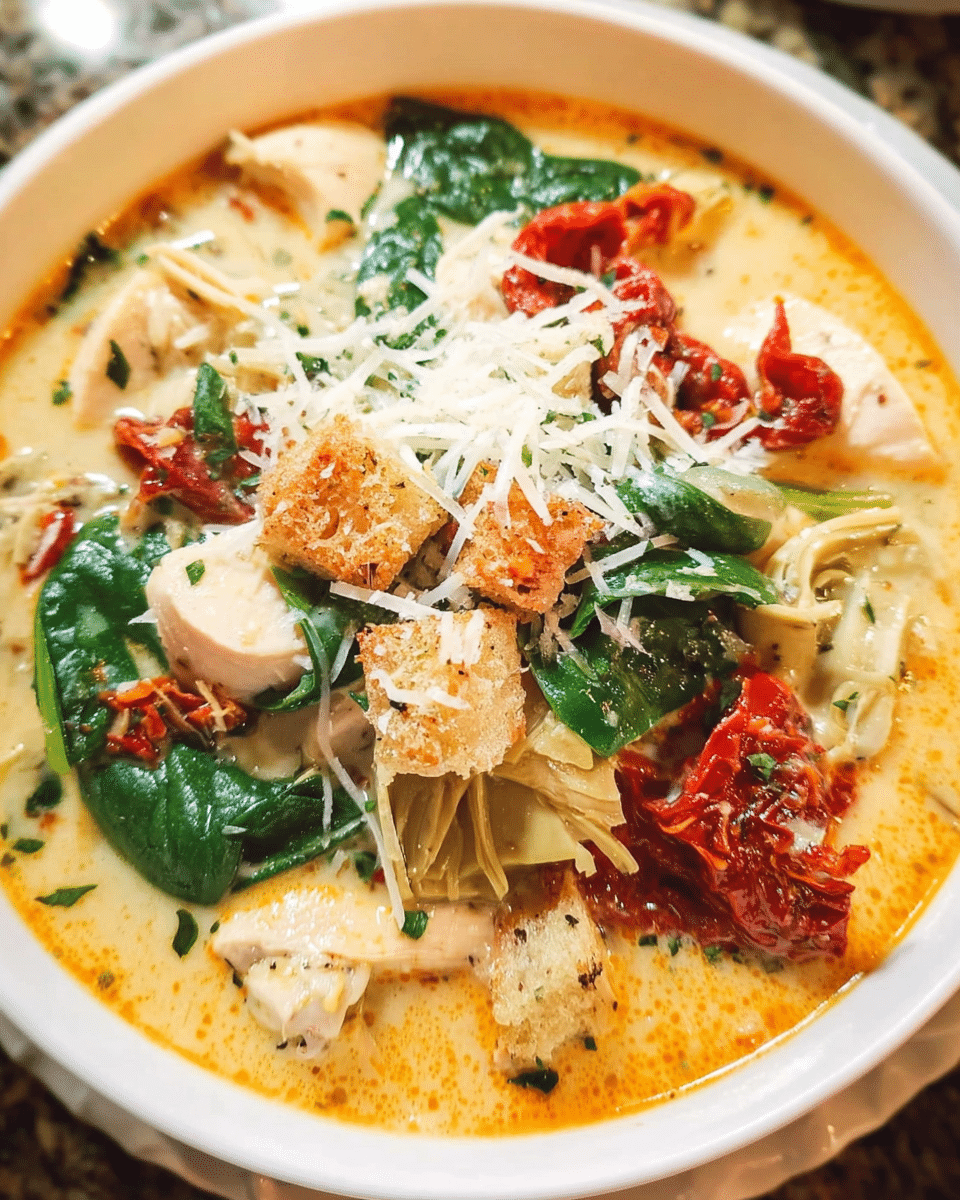 Tuscan-Style Chicken Soup with Spinach and Sun-Dried Tomatoes