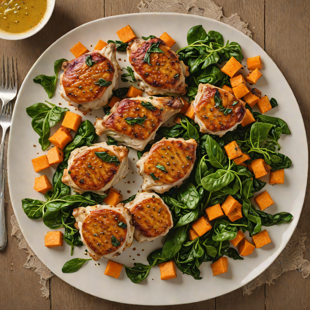 Skillet-Seared Chicken Thighs with Roasted Sweet Potato and Sautéed Spinach