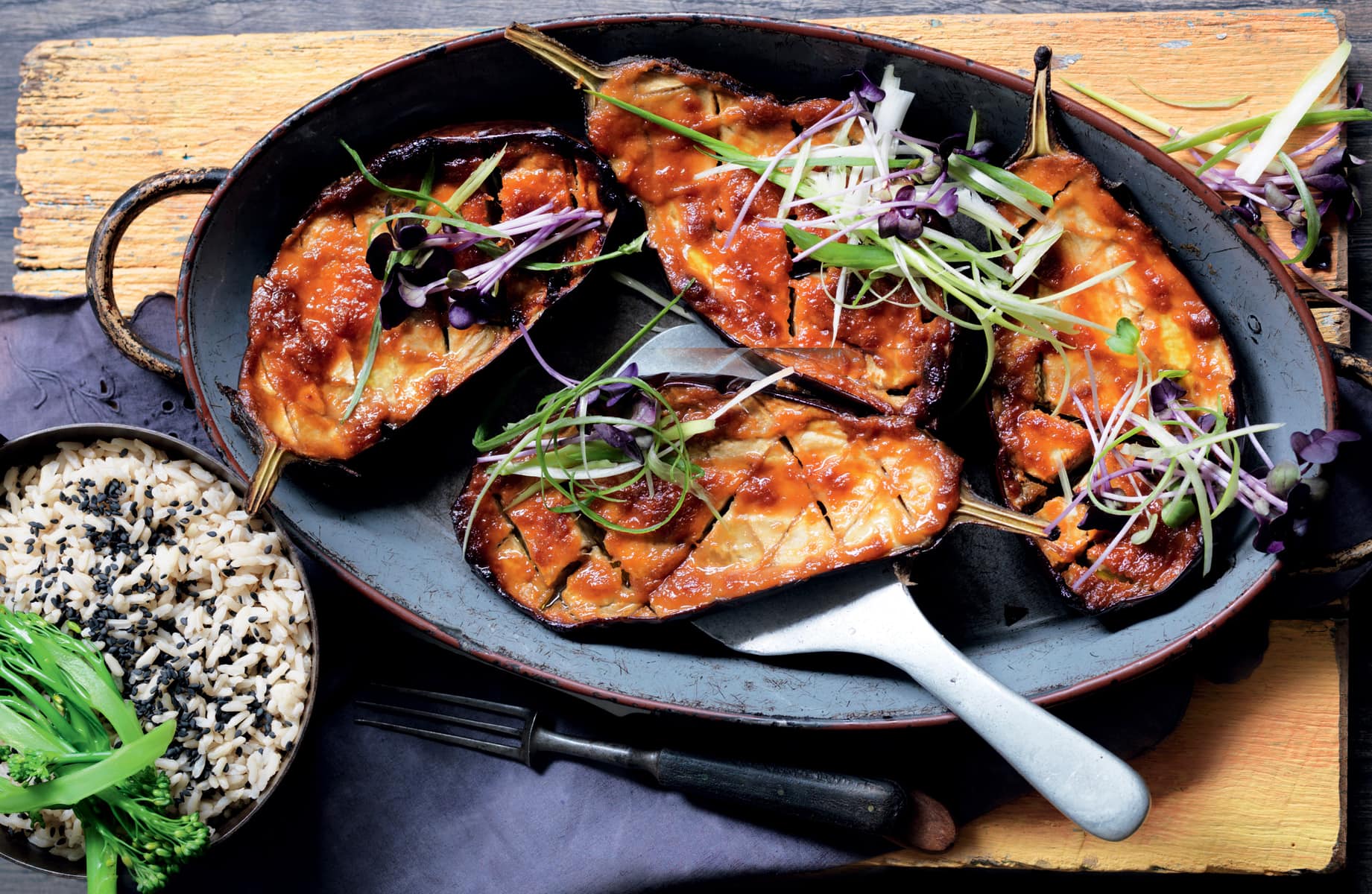 Miso-Glazed Eggplant & Shiitake Stir-Fry with Sesame Rice