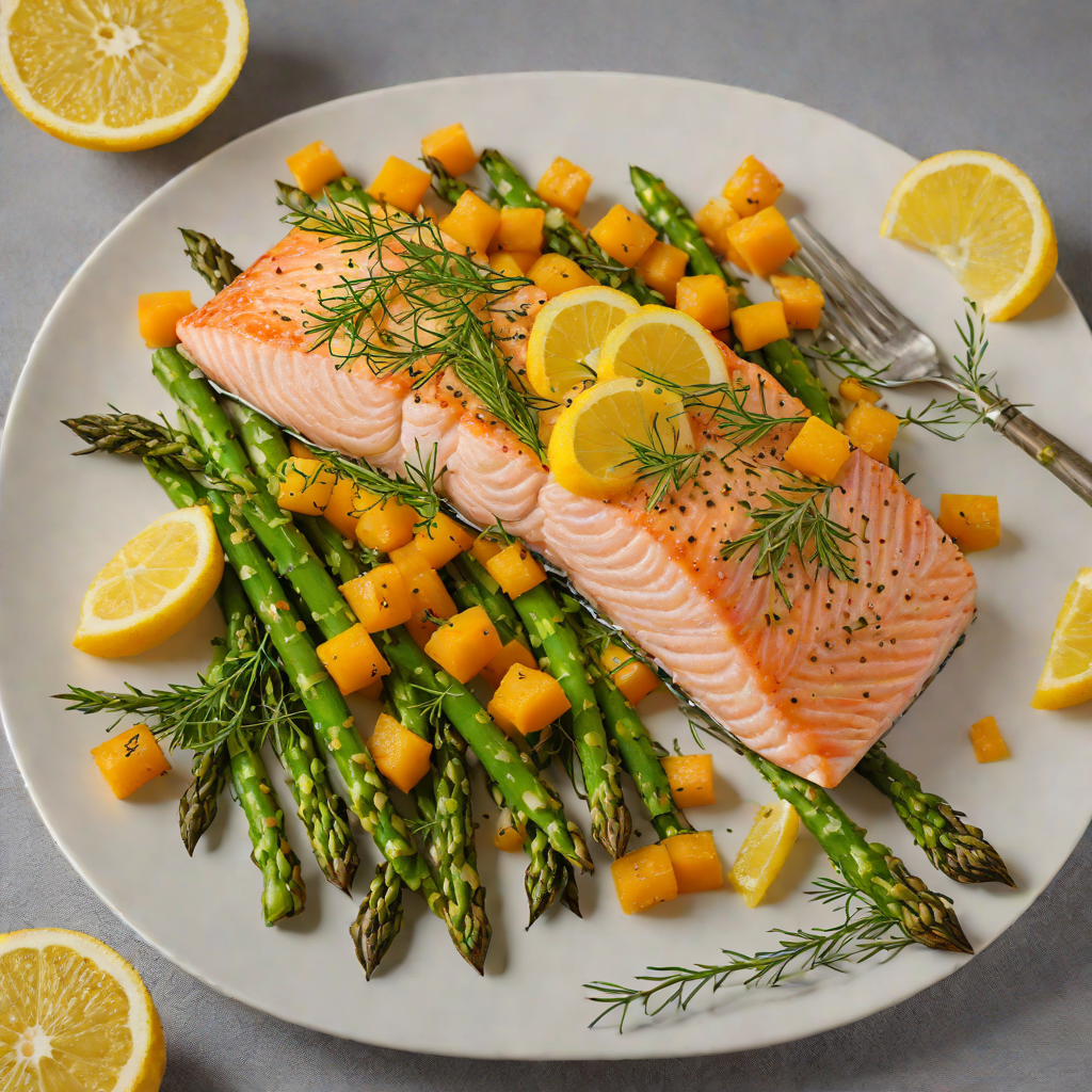 Oven-Baked Salmon with Lemon Dill Asparagus and Butternut Squash