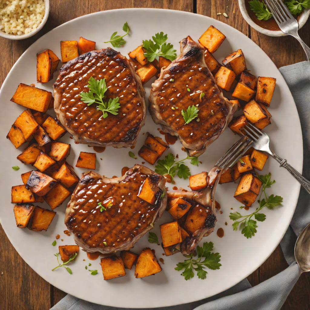 Whiskey-Infused Maple Glazed Pork Chops with Roasted Sweet Potatoes
