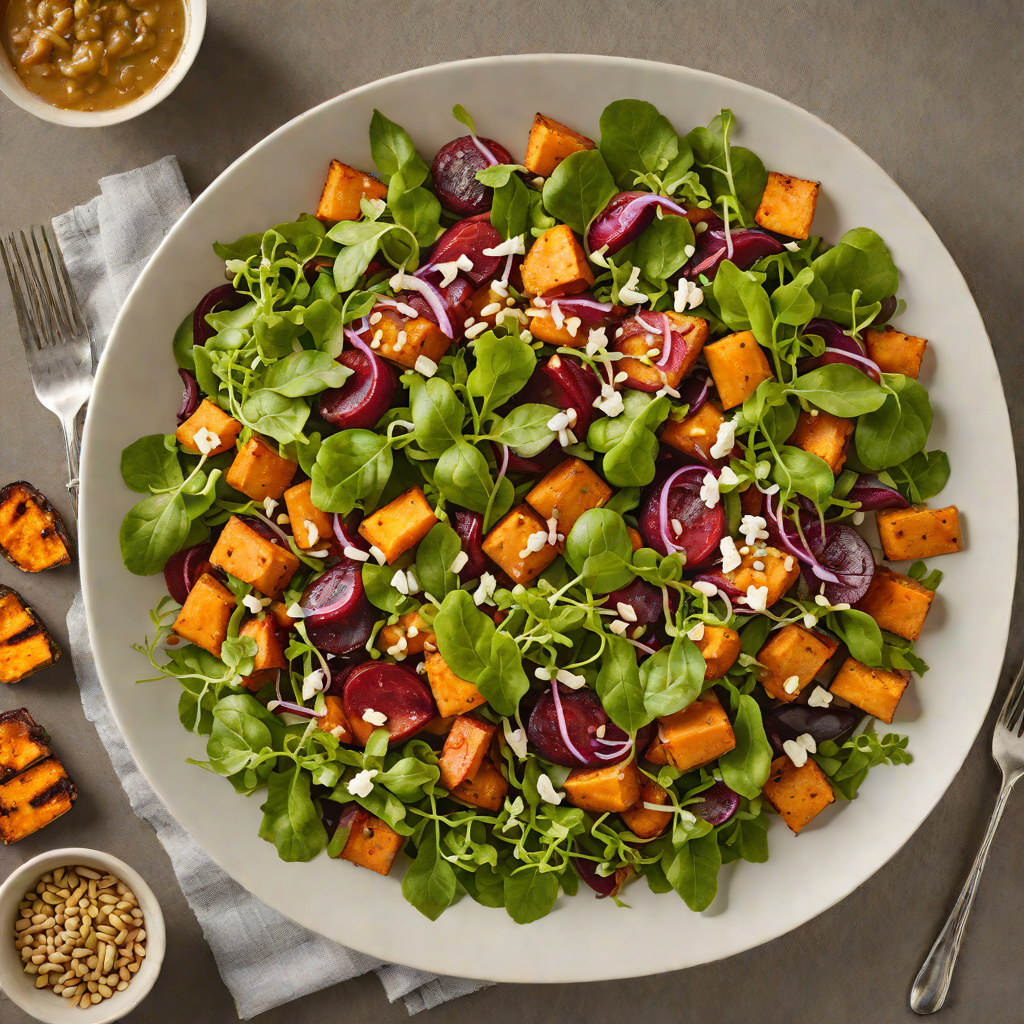 Macadamia and Davidson’s Plum Salad with Roasted Sweet Potato