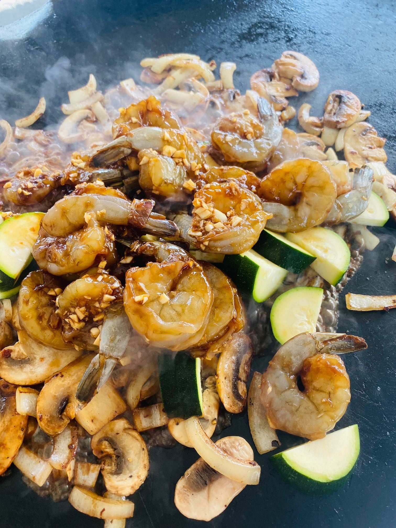 Teriyaki Ribeye and Shrimp Skillet with Grilled Vegetables