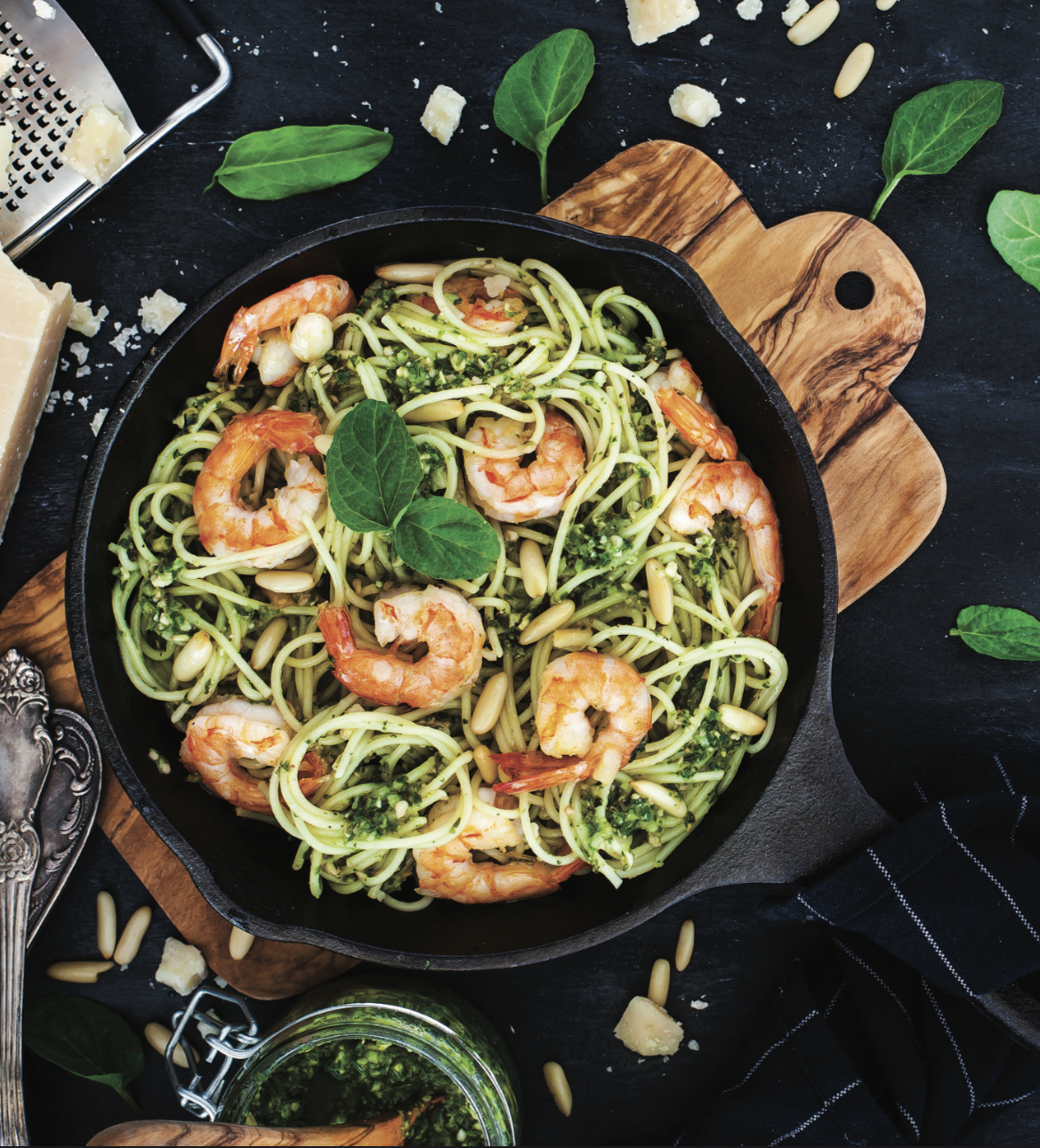 Zucchini Noodle Avocado Pesto with Seared Shrimp