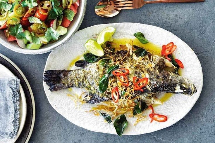 Slow-Cooked Barramundi with Finger Lime Salsa and Macadamia Crumble