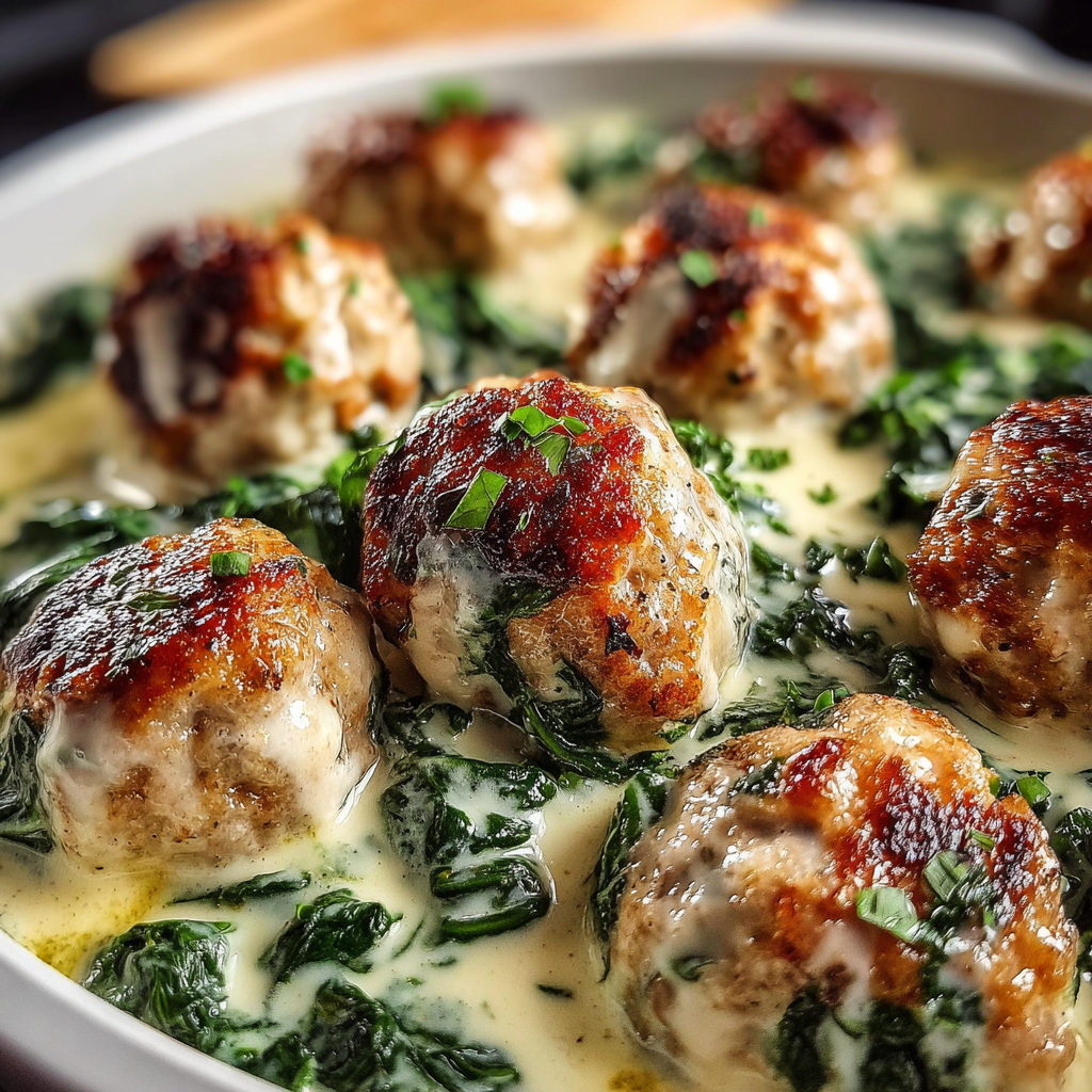 Cheddar-Stuffed Pork Meatballs with Spinach Cream Sauce
