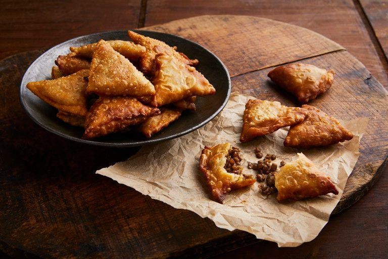 Sambusa Pastry Triangles with Spiced Lentil Filling