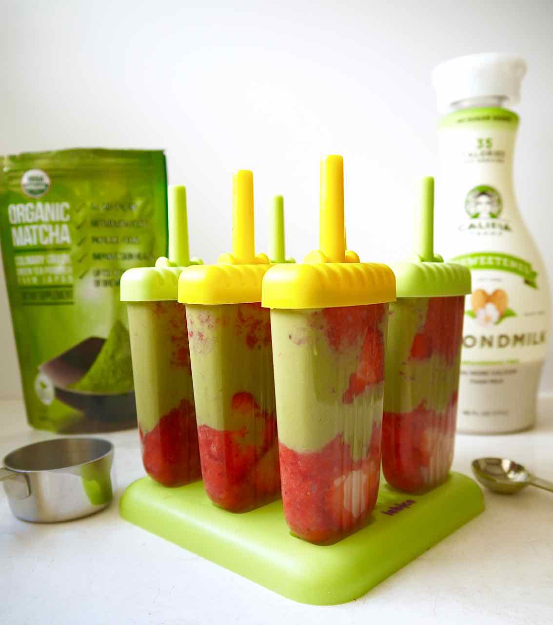 Matcha Green Tea Yogurt Popsicles with Strawberry Swirl