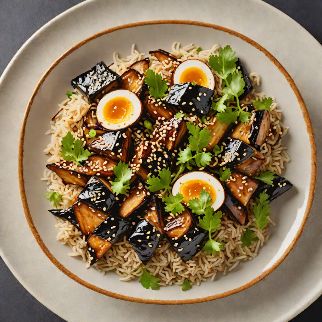 Isolated Black Garlic and Miso-Glazed Eggplant Donburi