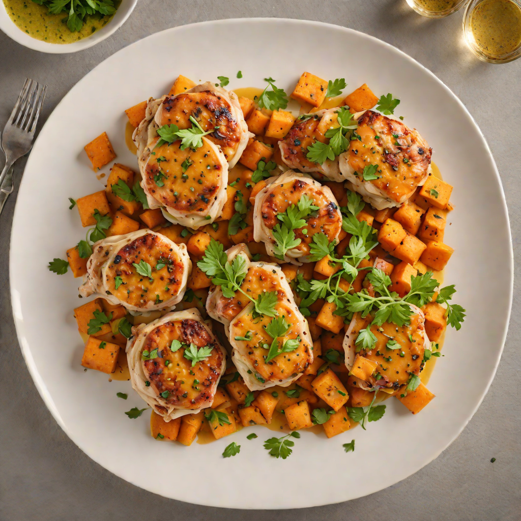 Sautéed Chicken Thighs with Roasted Sweet Potato and Garlic Herb Sauce