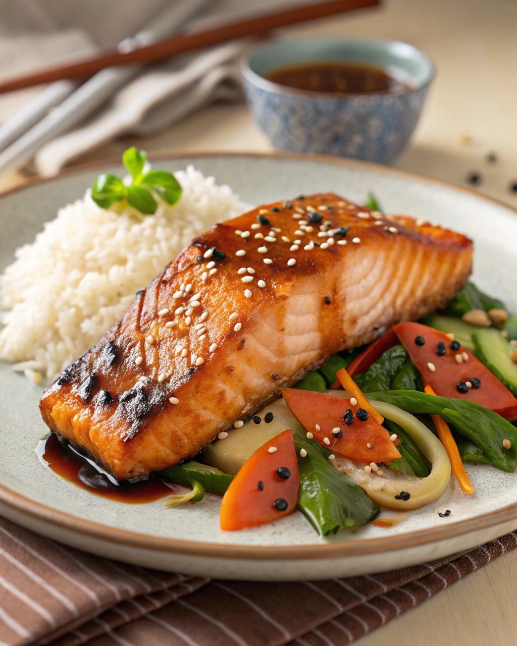 Pan-Seared Teriyaki Salmon with Ginger-Sesame Stir-Fried Bok Choy