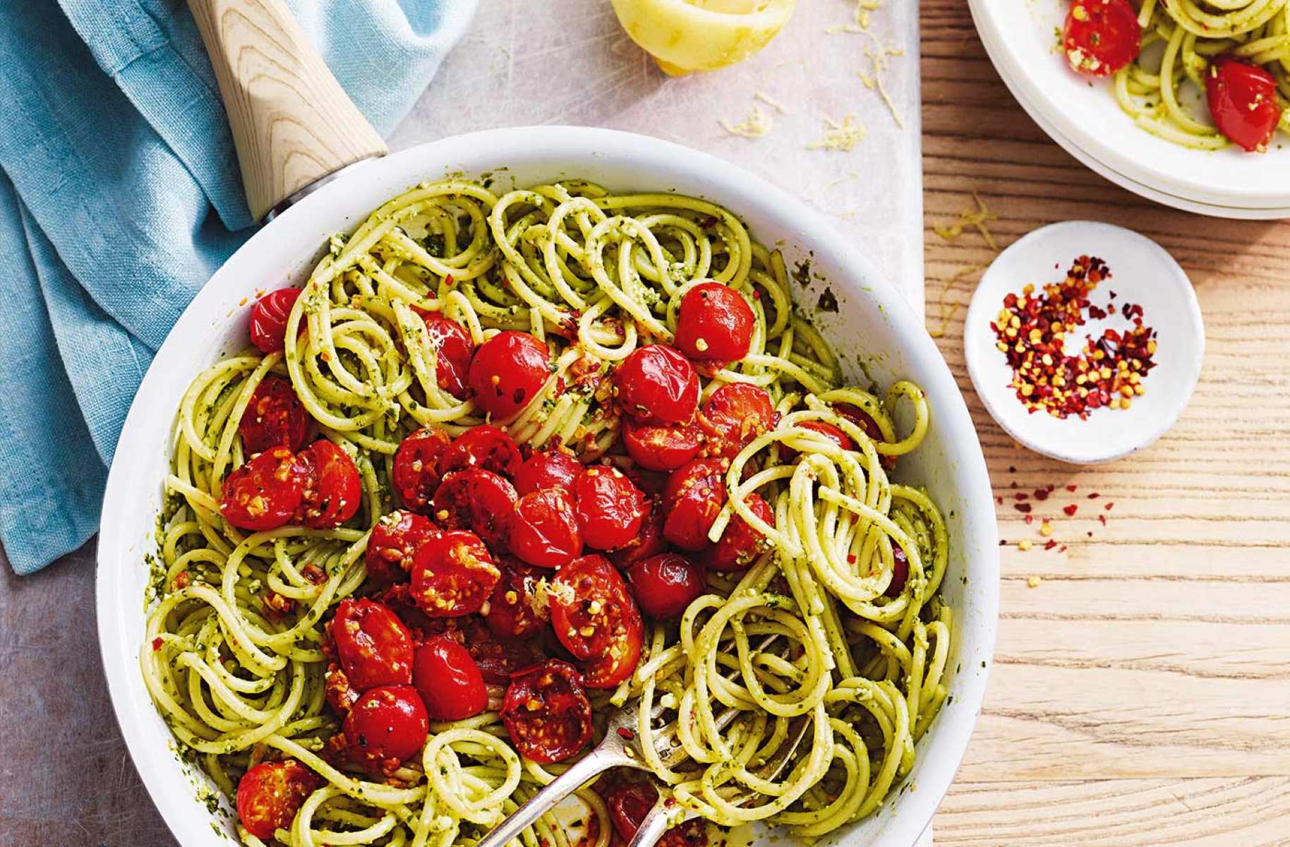 Herb-Infused Basil Pesto Pasta with Garden-Raised Cherry Tomatoes