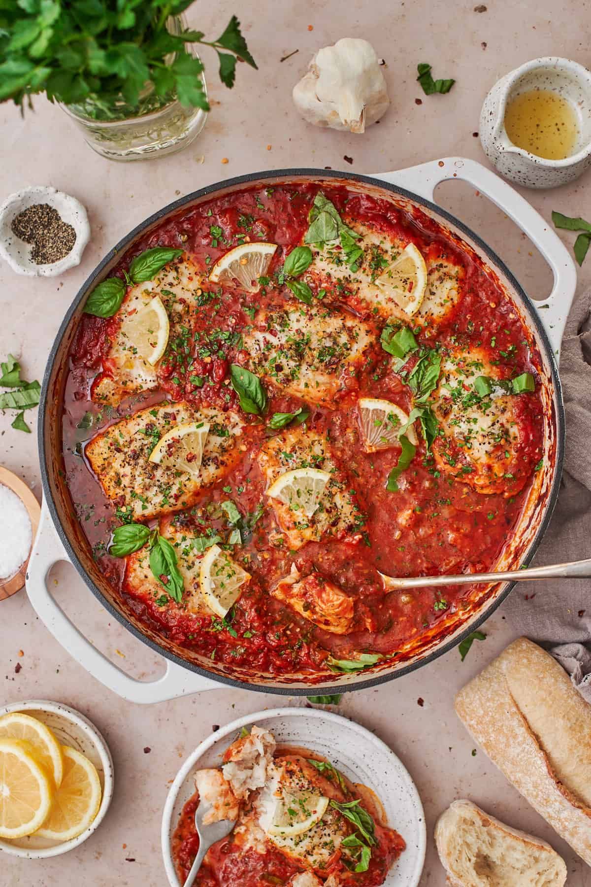 Baked Cod with Tomato-Caper Sauce and Lemon Herb Quinoa