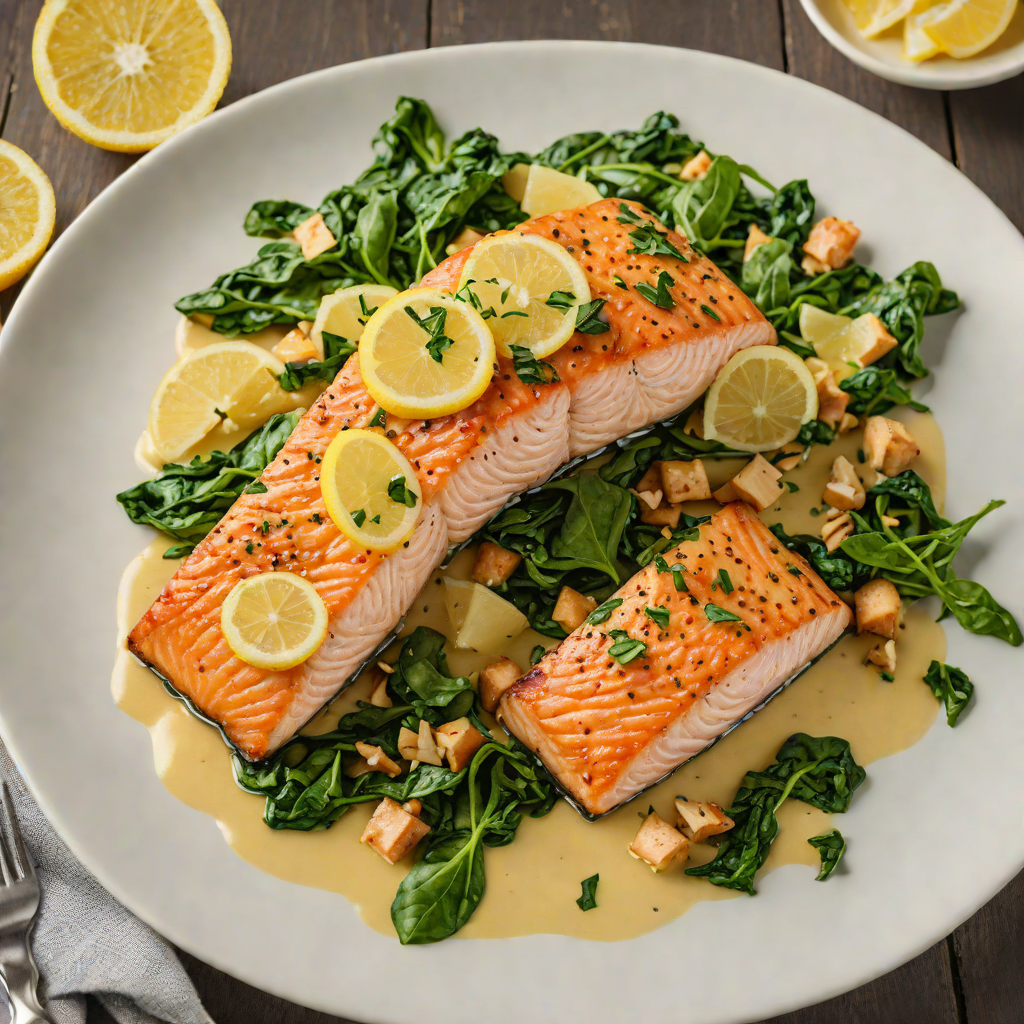 Pan-Seared Salmon with Garlic Spinach and Lemon Butter Sauce
