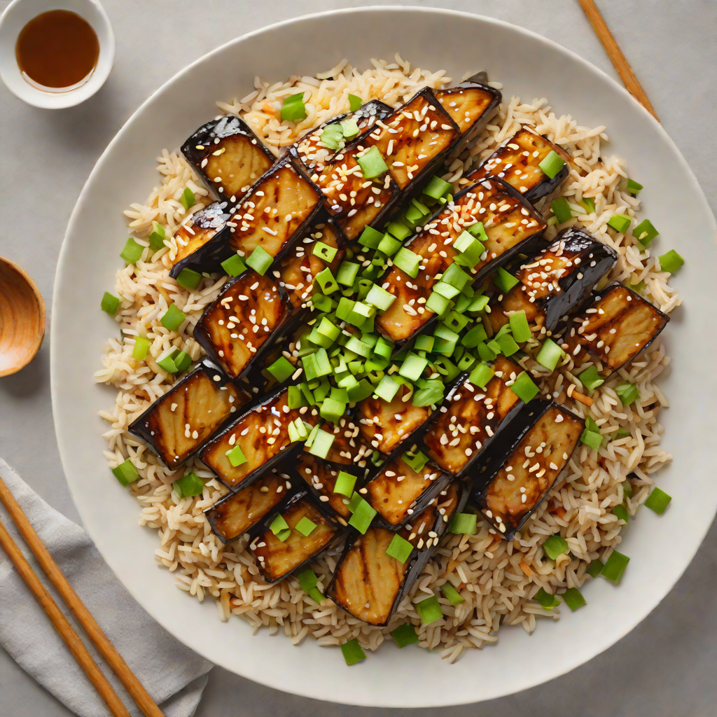 Miso-Glazed Eggplant Donburi with Brown Rice and Scallions