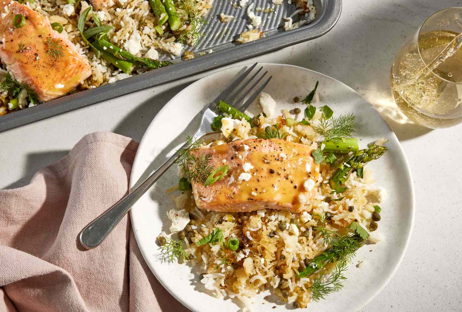Pan-Seared Salmon with Crispy Rice and Tzatziki Drizzle