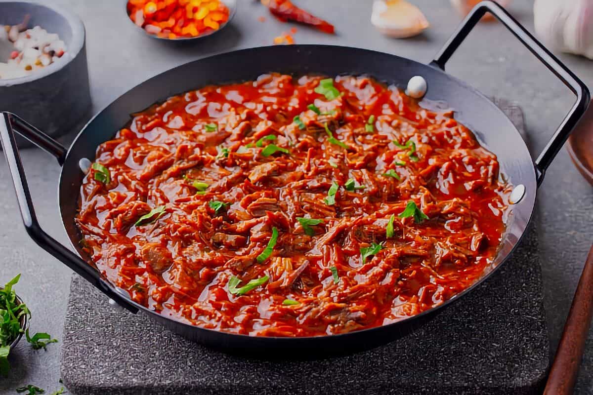 Simmered Hilachas Beef Shreds in Tomato and Chili Sauce