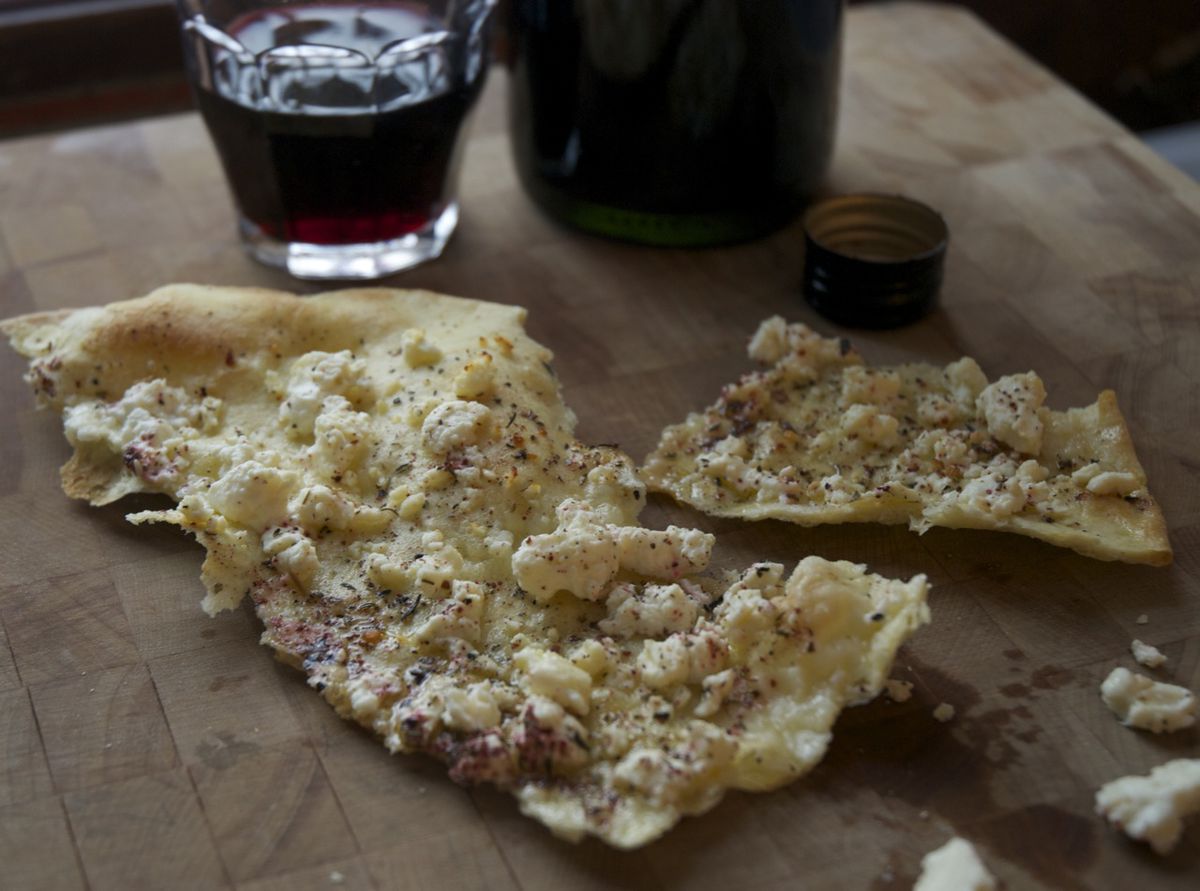 Za'atar Flatbread Pizza with Roasted Vegetables and Feta