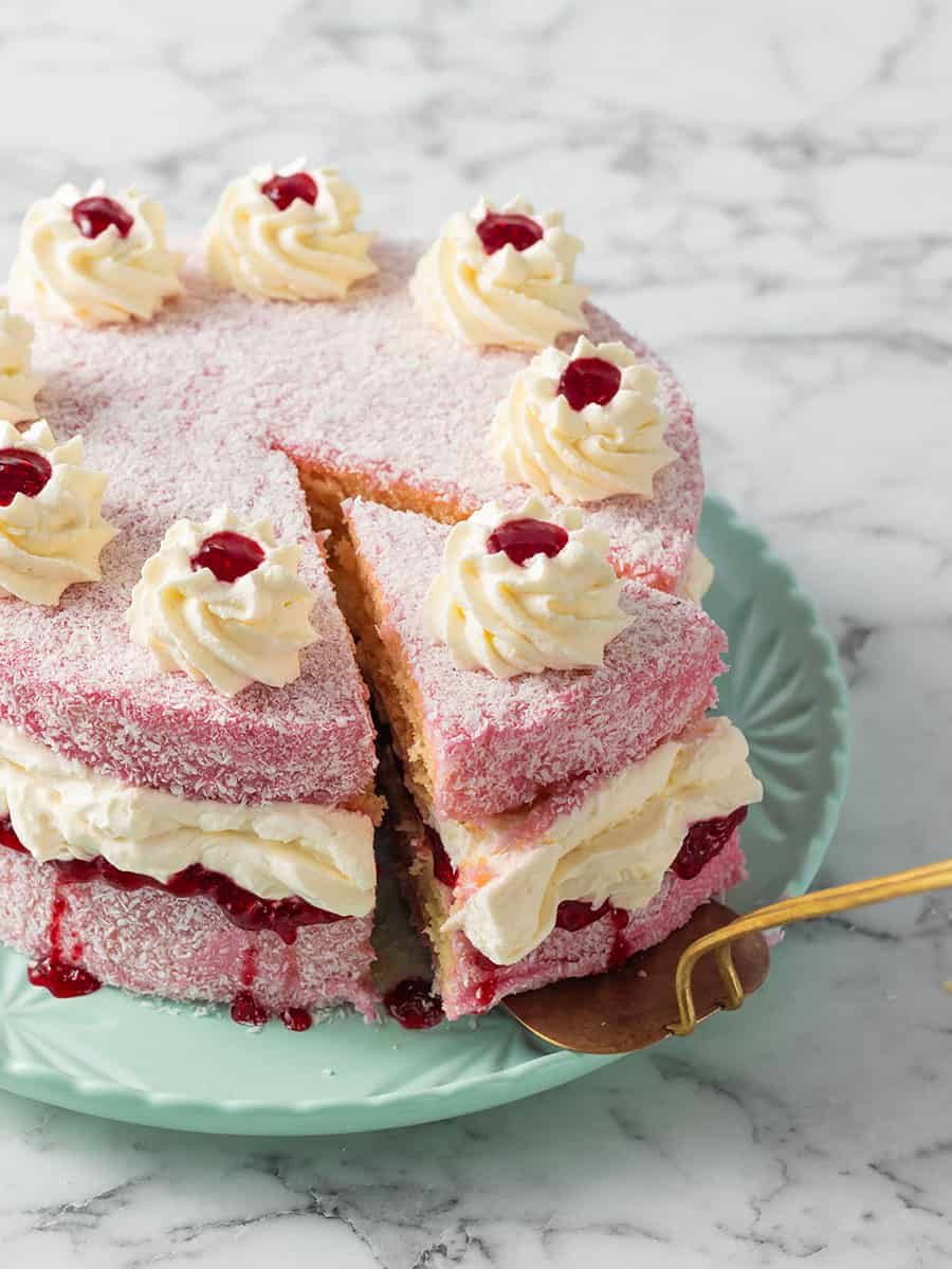 Lamington-Style Sponge Cake with Macadamia and Raspberry Jam