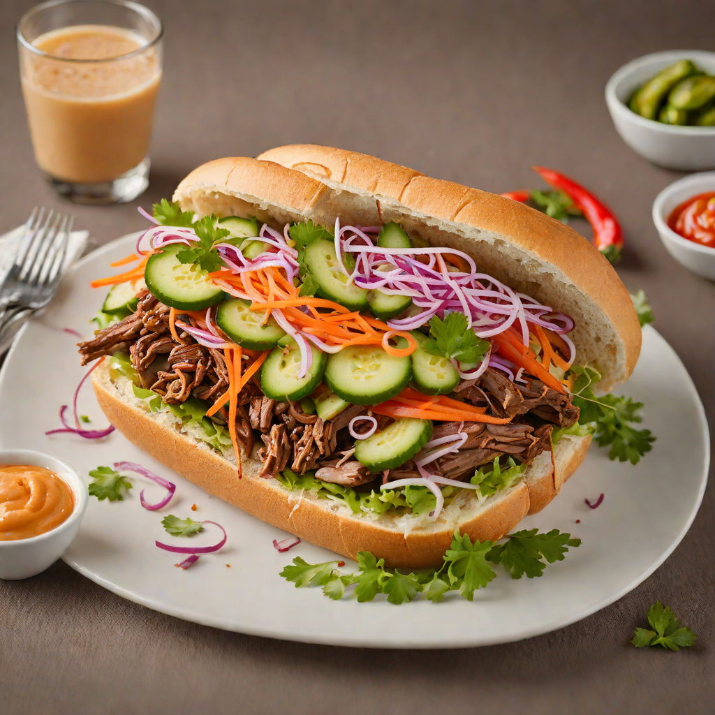 Shredded Beef Bahn Mi Sandwich with Pickled Vegetables and Sriracha Mayo