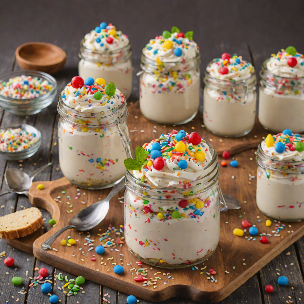 No-Bake Confetti Cheesecake Jars with Whipped Cream