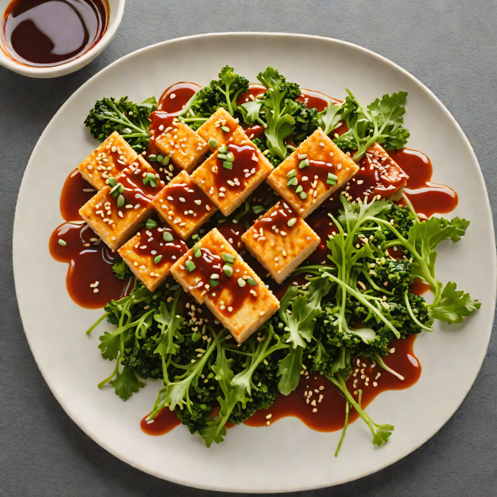 Pan-Fried Tofu with Spicy Korean Gochujang Sauce and Sesame Greens