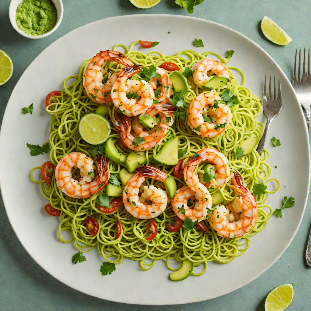 Sautéed Shrimp with Avocado-Cilantro Sauce over Zucchini Noodles