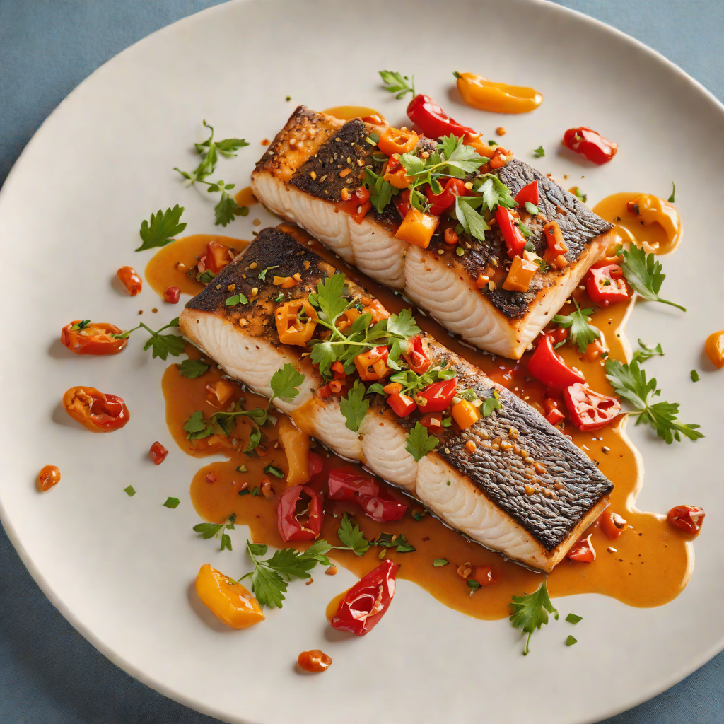 Pan-Seared Sea Bass with Romesco Sauce and Roasted Peppers