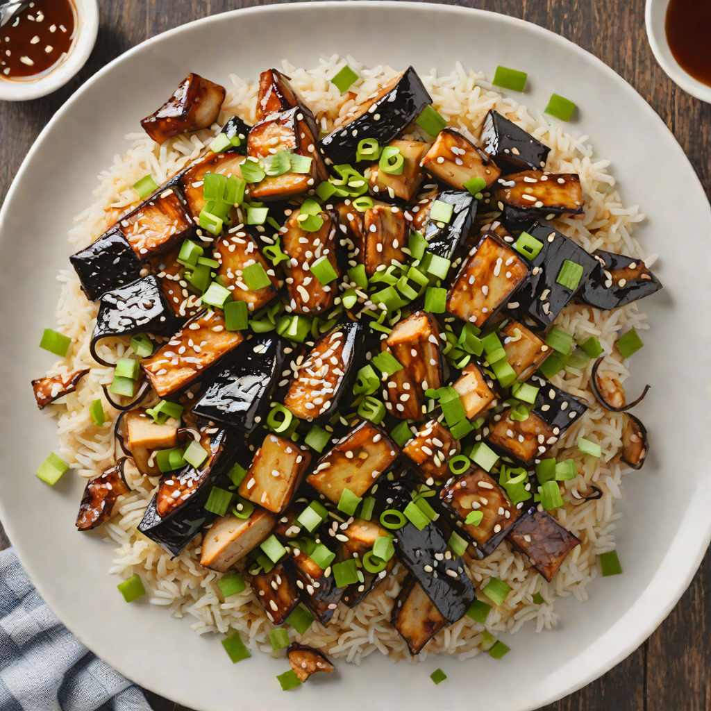 Miso-Glazed Eggplant Donburi with Shiitake Mushrooms and Scallions