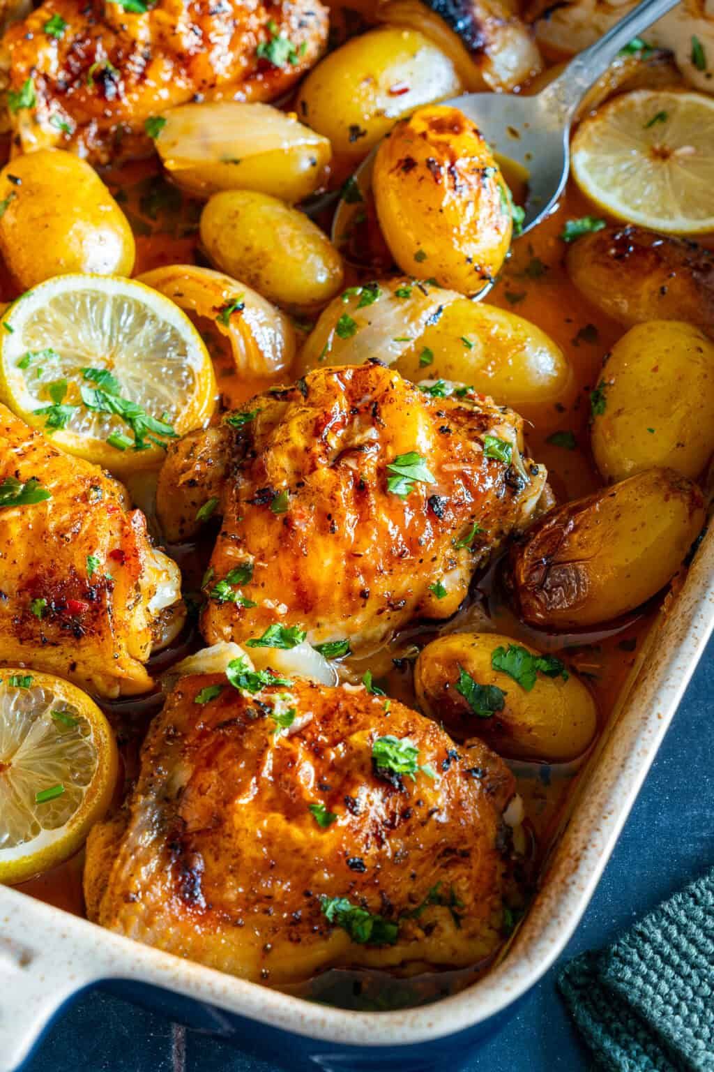 Baked Lemon-Garlic Chicken Thighs with Roasted Potatoes
