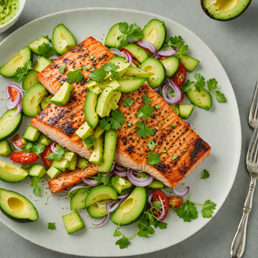 Pan-Roasted Salmon with Avocado-Cucumber Salad and Cilantro Lime Dressing