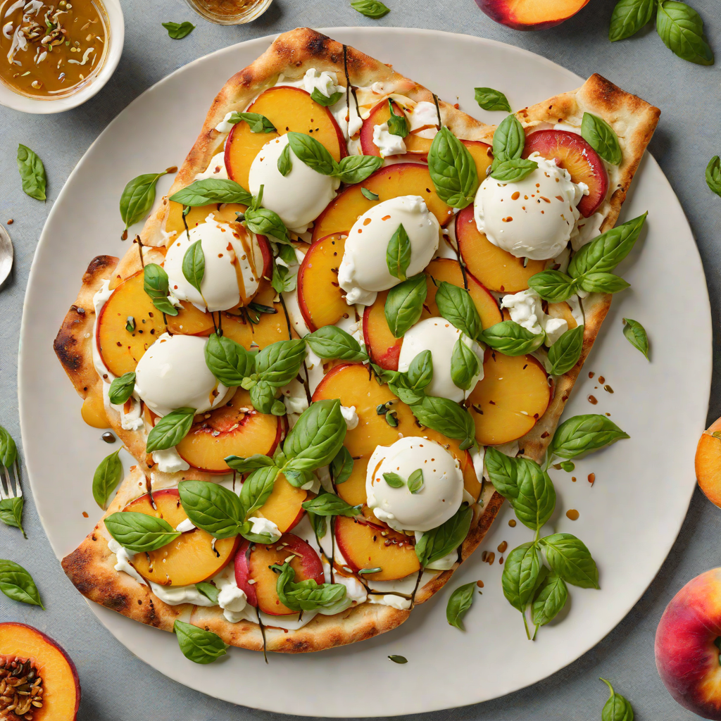 Peach and Burrata Flatbread with Basil and Honey Drizzle