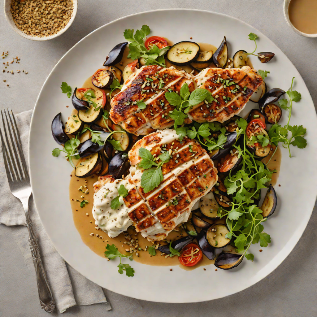 Za'atar-Spiced Chicken with Roasted Eggplant and Tahini Drizzle
