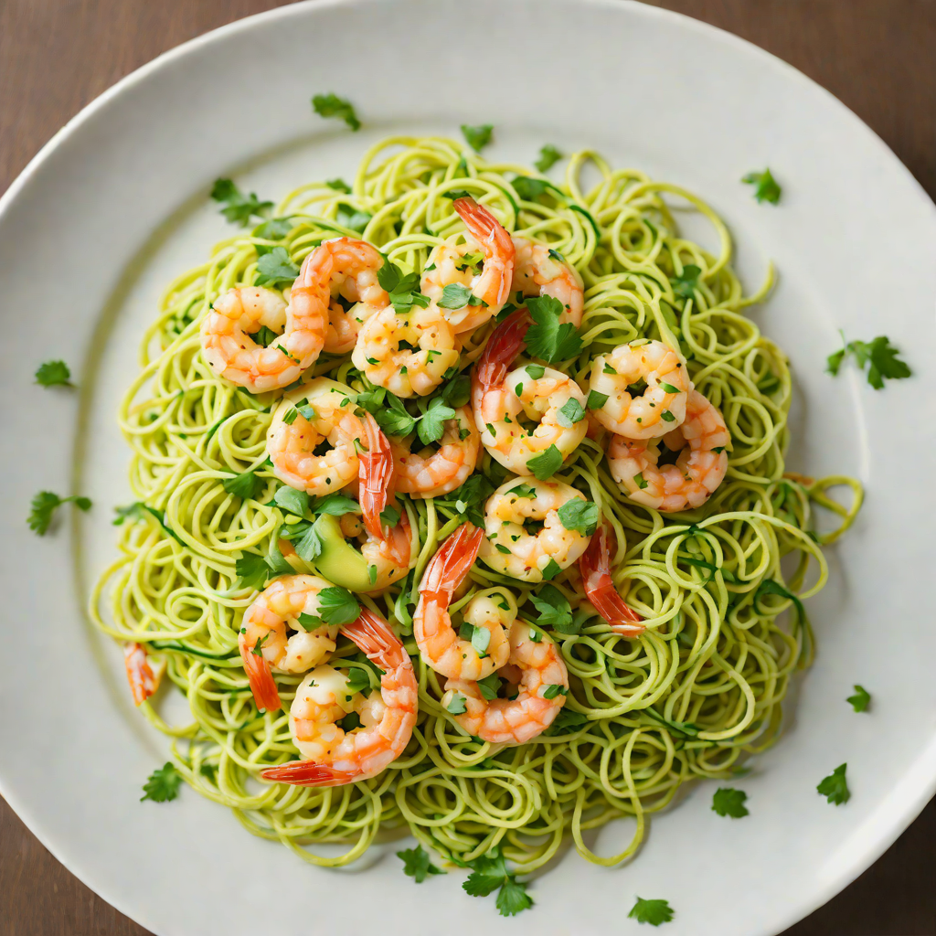 Sautéed Shrimp and Zucchini Noodles with Avocado Cilantro Sauce