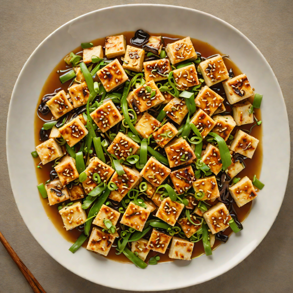 Stir-Fried Asian Tofu with Garlic and Scallions in Nonstick Pan